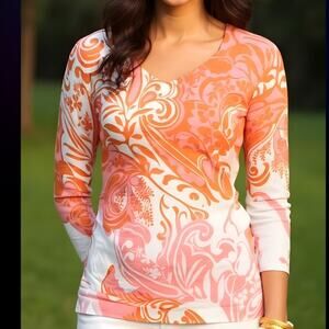 Talbots NWOT Pullover Sweater Slub Cotton 3/4 Sleeve Paisley Floral SZ  Medium